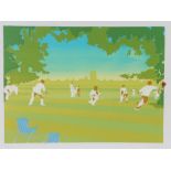 Screen print depicting a cricket match with two deck chairs to the foreground, signed to the mount