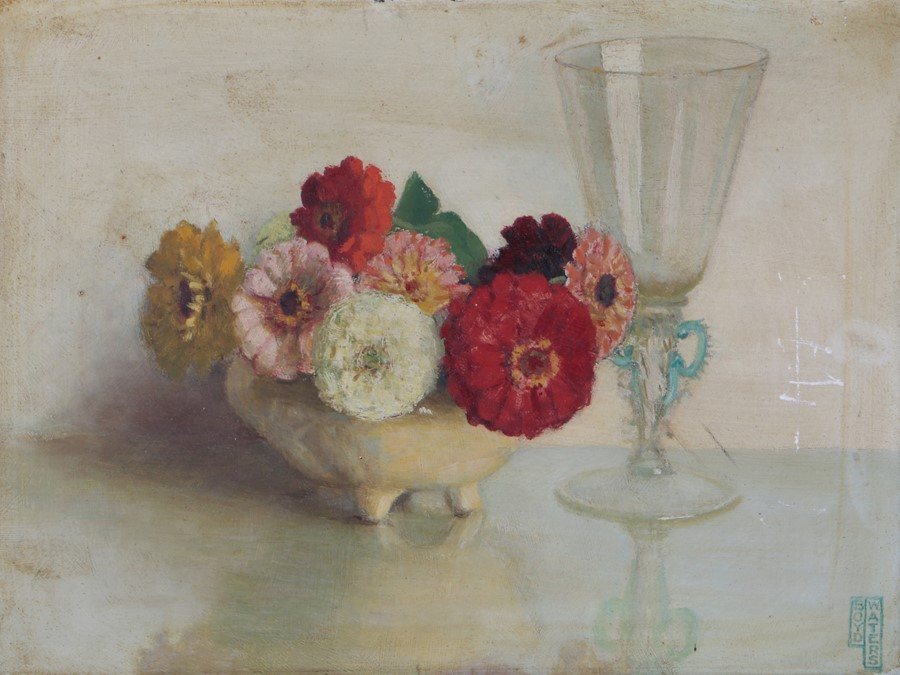 Frederick Boyd Waters (1879-1967) Still life of flowers and a wine glass, signed oil on board,