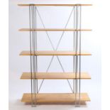 20th Century display/book shelf, with five tiers united by grey painted steel supports, 122cm x 38cm