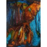 Moira Doggett (B1927), abstract study in oranges and blues, signed and dated '65, unframed, the