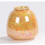 Ruskin pottery vase, the mottled yellow ground with iridescent finish, stamped marks to base, 12cm