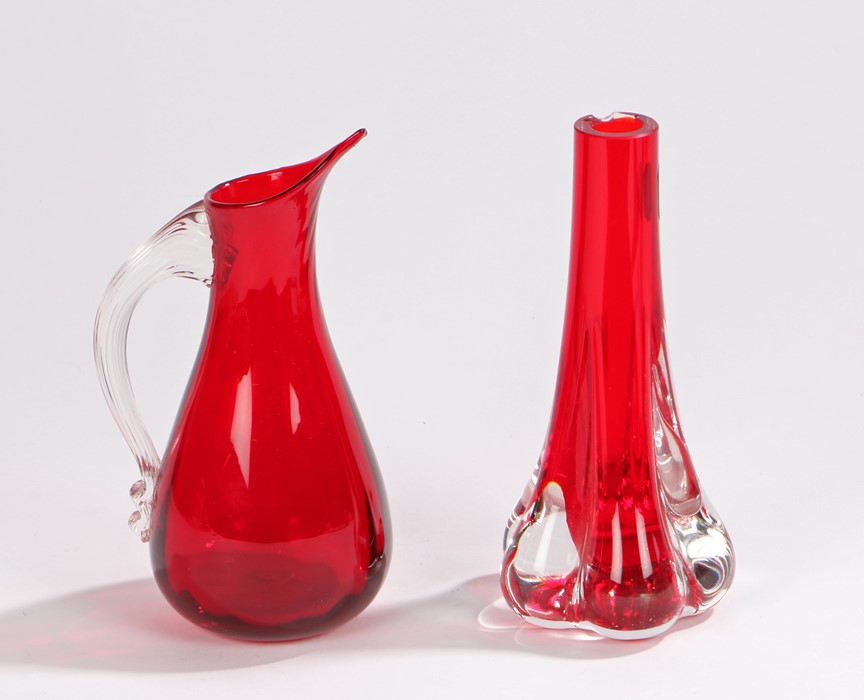 Whitefriars red and clear glass bud vase, with tapering stem and bulbous base, 18cm high,