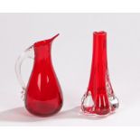 Whitefriars red and clear glass bud vase, with tapering stem and bulbous base, 18cm high,