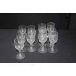 Edwardian hollow stem wine glasses, consisting of three large, five medium and five small glasses (