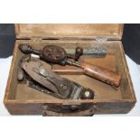 Toolbox containing hand tools, to include drill, planes, spirit level etc. (qty)