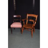 Country made dining chair, with curved cresting rail blade form splat back, shaped arms, dished