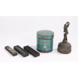 Asian objects, to include a Chinese cloisonné pot and cover, 8cm high, three Japanese blocks, and