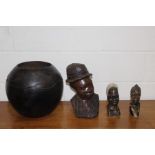 African pottery bowl, together with three portrait busts, (4)