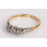 18 carat gold ring with three diamonds set to platinum shoulder and mount ring size P