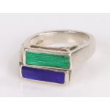 Silver & Enamel Ring, with a blue and green head