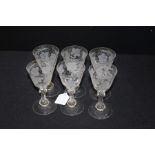 Set of six Edwardian wine glasses, with etched fruiting vine decoration (6)