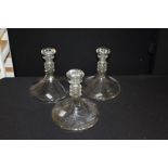 Ships decanter, with etched fruiting vine decoration, two plain glass ships decanters (3)