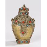 Chinese snuff bottle, set with red and blue enamel beads and fretwork arched, 7cm high