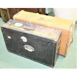 Canvas and wood bound cabin trunk, 91cm wide, substantial suitcase with studded exterior, 81.5cm