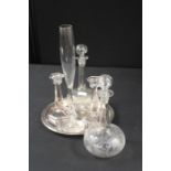 Pair of decanters with foliate decoration, pair of glass candlesticks, glass vase, plated circular