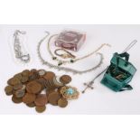 Jewellery, to include a 9 carat gold pair of earrings, costume jewellery and a collection of coins