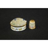 Halcyon Days Enamels pin cushion, together with a Halcyon Days thimble, (2)