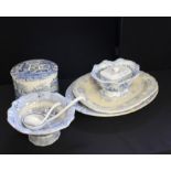 Collection of blue and white porcelain, to include cheese dish, soup tureen and ladle, butter