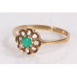 9 carat gold ring with flower form mount set with green agate surrounded by diamonds ring size M