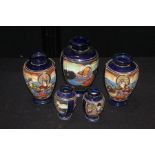 Collection of Japanese vases, capped in blue above figural scenes, the tallest vase 17cm high, (5)