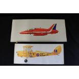 Two original book illustrations of fighter jets, to include a Tiger Moth and a Hawk, (2)