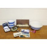 Cornish Kitchen Milk jug, together with a bowl, postcards, keys, dominoes set a glass paperweight