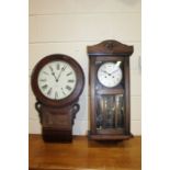 Ansonia wall clock, with a white dial and Roman hours, together with an oak cased wall clock, (2)
