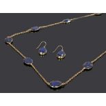 Lapis lazuli silver gilt necklace, with a row of pear cut facetted lapis lazuli, 105cm long,