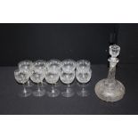 Set of ten Edwardian wine glasses and matching decanter, with etched fruiting vine (11)