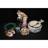 Collection of ceramics. to include a salad bowl and servers, cabbage leaf pates, a pot, a figure and
