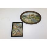 Two miniature needlework pictures, of country cottage scenes, (2)