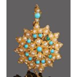 15 carat pearl and turquoise brooch, with a flower head design and conforming mount to the top, 30mm