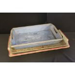 Three butlers tray, painted turquoise, blue and grey, the largest, 44cm x 73cm
