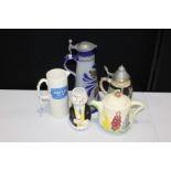 Martell Brandy jug, together with a stein, another, a teapot and Horlicks jug