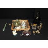 Collection of items, to include bottle coaster, metronome, opera glasses, chamber stick, pill pot