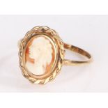 9 carat gold cameo ring the head with gold rope effect surrounding a cameo of a lady J 1/2