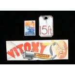 Advertising, to include a Vitoxy poster, a Hotel Metropole Venezia slip and an enamel 15ft sign, (