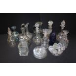 Georgian and later glass decanters, carafe, jug, lemon juicer, side plates (qty)