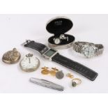 Two gentleman's quartz wristwatches, pair of watch cufflinks, two pocket watches, cufflinks, gold