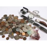 Collection of coins, various denominations and banknotes, also together with watches (qty)