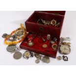 Jewellery box, with enamel badges, rings, compass, medals, necklaces, etc, (qty)