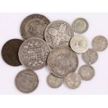 Collection of coins, to include a George III Half Crown, Victoria Half Crown, 1917 Rupee, etc, (