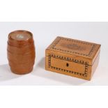 Fontainebleau marquetry inlaid souvenir box, with buttoned crimson silk interior, 16cm wide, teak