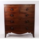 Victorian mahogany and marquetry inlaid bow front chest of two short and three long drawers, above a