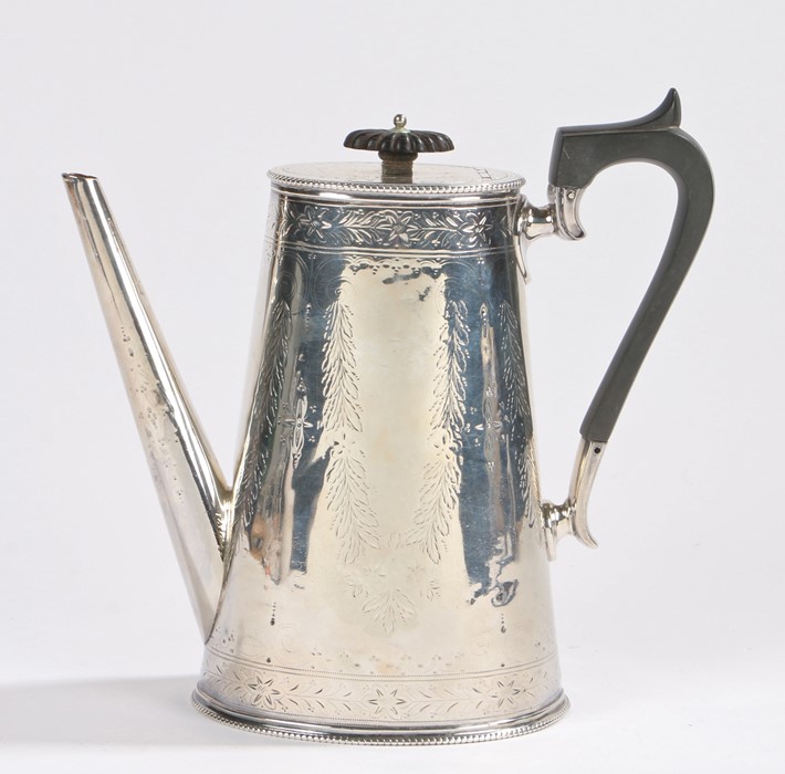 Victorian silver coffee pot, London 1875, maker Horace Woodward & Co, with angular ebonised handle