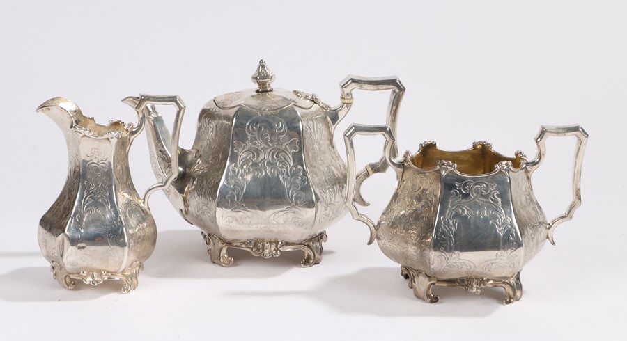 Victorian silver tea set, London 1845, maker John Eley, consisting of teapot, milk jug and sugar