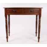 Victorian mahogany bow front side table, with two frieze drawers, raised on turned legs, 79cm wide