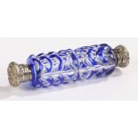 Edwardian glass double ended scent bottle, the blue and clear glass body with white metal screw