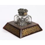 19th Century Boulle work inkstand, the glass inkwell housed in a tortoiseshell and brass inlaid