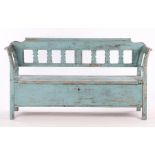 19th Century Continental blue painted bench, with a hinged plank seat and arched back set with